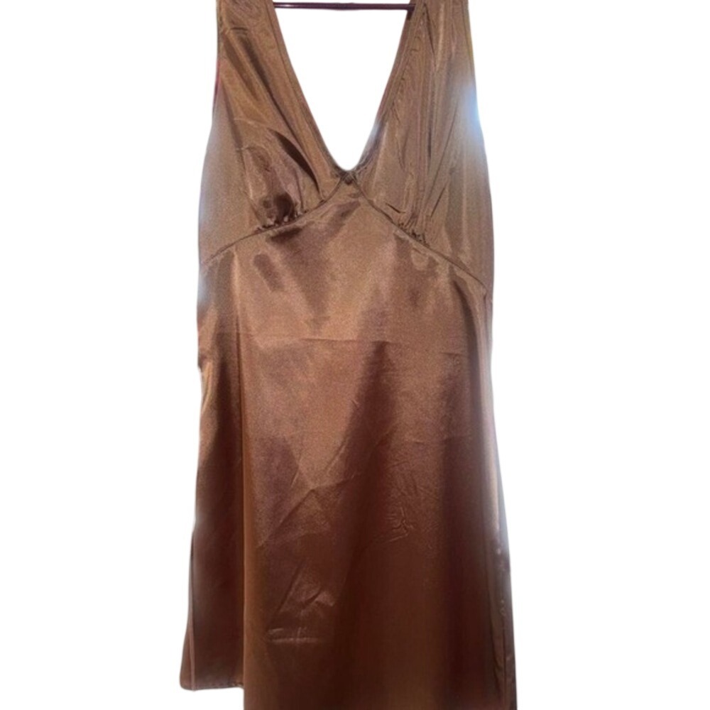 SHEIN Satin V-Neck Sleeveless Mini Dress Copper Silky Side Zip Party Cocktail S